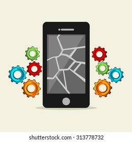 Broken phone. Crack screen on phone concept illustration. Mobile phone repair.
