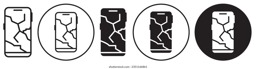 Icono de pantalla de teléfono roto. Símbolo de la pantalla de smartphone dañada. Juego de vectores de rotura de vidrio de protección móvil o con rasguño. Esquema plano de reparación o reparación táctil