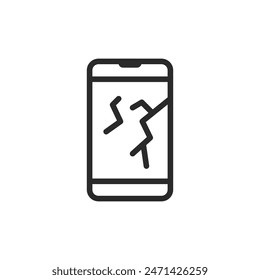 Broken phone screen, linear style icon. damaged or cracked mobile phone display. Editable stroke width