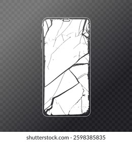 A broken phone screen. A smartphone with a cracked screen. Realistic texture of the cracked device display. An isolated object for design