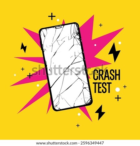 A broken phone screen. A smartphone that requires repair and restoration. A broken device. Crash test.
