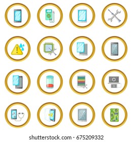 Broken phones fix icons circle gold in cartoon style isolate on white background vector illustration