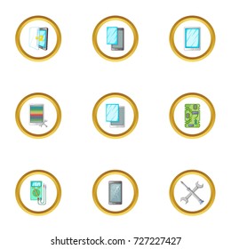 Broken phones fix icons set. Cartoon style set of 9 broken phones fix vector icons for web design