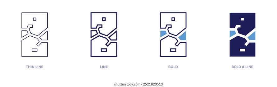 Ícone de telefones quebrados em 4 estilos diferentes. Linha fina, Linha, Negrito e Linha Negrito. Estilo duotônico. Traçado editável.