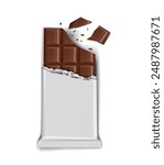 Broken pieces of chocolate from a chocolate bar in a wrapper. Vector illustration