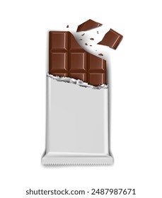 Broken pieces of chocolate from a chocolate bar in a wrapper. Vector illustration