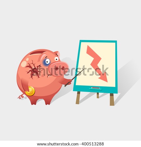 Broken Piggy Bank with business graph at flip chart. Financial crisis or economic depression concept. Colorful vector illustration in flat style