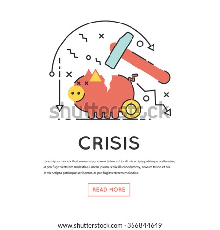 Broken Piggy Bank by hummer a thin line. Economic crisis, Capital leakage, Money losses, depression.  Flat design vector illustration.