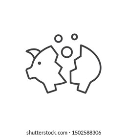 Broken piggy bank with coins, money savings line icons. 