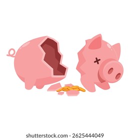 Porquinho quebrado com moedas espalhadas, simbolizando perda financeira e dificuldades econômicas