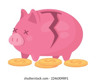 Broken piggy bank with coins semi flat color vector object. Editable element. Items on white. Lost savings. Financial trouble simple cartoon style illustration for web graphic design and animation