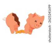 Broken piggy bank with coins spilling out representing financial crisis, bankruptcy, or economic hardship