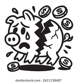 Broken piggy bank crying with falling coins