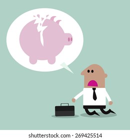 broken piggy bank. Depressed business man
