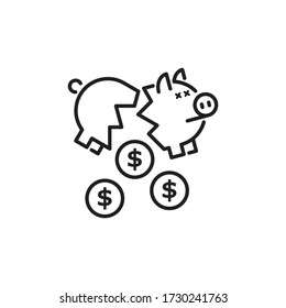 Broken Piggy Bank, Dollar Out Of Money Icon In Trendy  Design Vector Eps 10