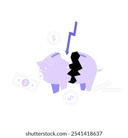 Broken Piggy Bank In Flat Vector Illustration Representing Financial Loss, Debt, And Economic Hardship, Isolated On White Background.