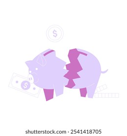 Gebrochene Sparschwein-Bank in flacher Vektorgrafik, die finanzielle Verluste, Haushaltsfragen und Sparkrise symbolisiert, einzeln auf weißem Hintergrund