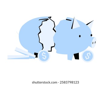 Broken Piggy Bank In Flat Vector Illustration Symbolizing Financial Crisis, Savings Loss, Bankruptcy, And Money Management Issues, Isolated On White Background