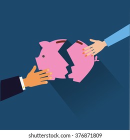 Broken Piggy Bank. Flat Vector Illustration Business Concept.