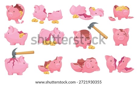 Broken piggy bank. Hammer break pig moneybox smash, open piglet bank money savings piggybank coins economy cash safe business debt finance, cartoon set neat vector illustration