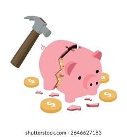 Broken Piggy Bank with Hammer and Coins Savings Concept Savings Concept 