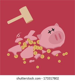 Broken Piggy Bank With Hammer. Saving Money. Vector.