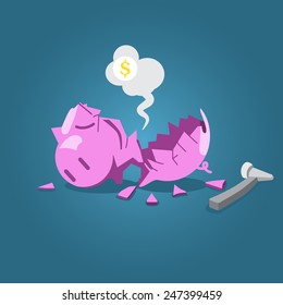 Broken Piggy Bank With Hammer Vector Illustration For Financial  Crisis Concept. 