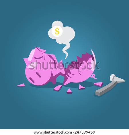 Broken piggy bank with hammer vector illustration for financial  crisis concept. 