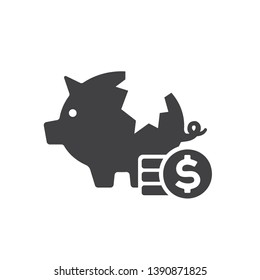 Broken piggy bank icon. Black silhouette isolated on white background. Save money. Make deposit. Pile of dollar coins in front of piggy bank. Glyph style icon, symbol of wealth, crisis, debt.