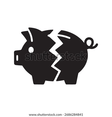 Broken piggy bank icon representing financial crisis bankruptcy or loss of savings symbolizing economic recession and investment failure