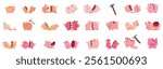 Broken piggy bank icons set. Various piggy banks are shown broken, cracked, and smashed, representing concepts of spending savings, withdrawing investments, and financial hardship