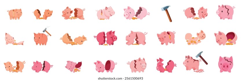 Broken piggy bank icons set. Various piggy banks are shown broken, cracked, and smashed, representing concepts of spending savings, withdrawing investments, and financial hardship