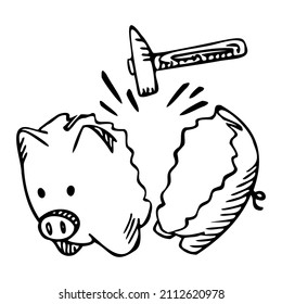 Broken Piggy bank isolated on white background. Box for safe savings break from hammer. Money pig in doodle style. Vector illustration.