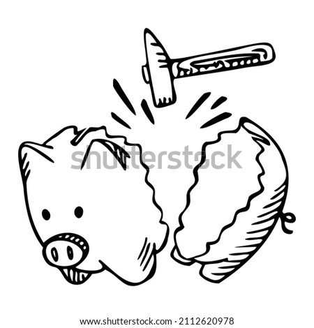 Broken Piggy bank isolated on white background. Box for safe savings break from hammer. Money pig in doodle style. Vector illustration.
