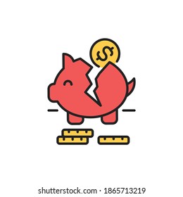 Broken piggy bank line color icon. Sign for web page, mobile app