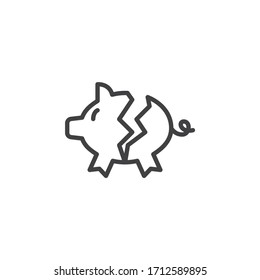 Broken piggy bank line icon. linear style sign for mobile concept and web design. Broken money box outline vector icon. Bankruptcy symbol, logo illustration. Vector graphics