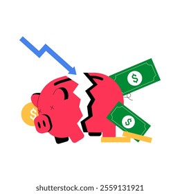 Broken Piggy Bank With Money And Downward Arrow In Flat Vector Illustration Symbolizing Financial Loss, Crisis, And Economic Downturn, Isolated On White Background.