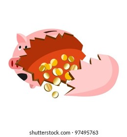 Broken piggy bank with money. Financial crisis