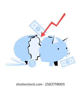 Broken Piggy Bank With Money In Flat Vector Illustration Symbolizing Financial Loss, Economic Crisis, And Poor Money Management, Isolated On White Background