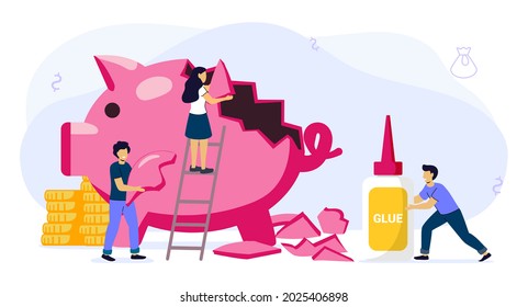 Broken Piggy Bank With Money On Color Background Money Saving And Bank Business Graphic Design Economic Repair Concept Tiny People Trying To Recover Piggy Bank  Vector Illustration