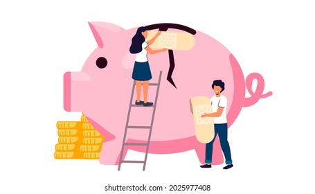 Broken Piggy Bank With Money On Color Background Money Saving And Bank Business Graphic Design Economic Repair Concept Tiny People Trying To Recover Piggy Bank  Vector Illustration