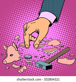 broken piggy Bank with money pop art retro style. People smashed with a hammer pig figurine