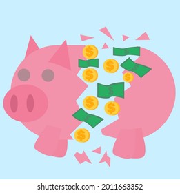 Broken piggy bank with money.Finance and business.Economic and savings.Bad economy.Cartoon vector illustration.Flat design.Sign, symbol, icon or logo.