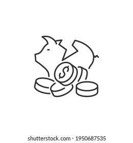 Broken Piggy Bank Related Vector Line Icon. Sign Isolated On The White Background. Editable Stroke EPS File. Vector Illustration.