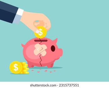 Broken Piggy bank and repair by aid bandage. Recovery improves and develops deposit and investment concepts. Vector illustration cartoon flat design for banner, poster, and background.