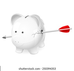 Broken Piggy Bank Shot By Arrow. A Cute Illustration Of A White Pig Coin Bank Broken, Shattered, And Shot Through By An Arrow. For Money Problems, Finance, Recession, Economic Depression Concept.   	 