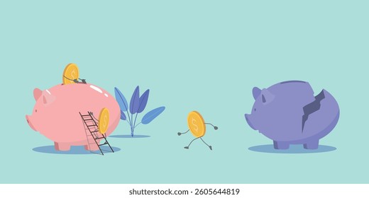 Broken piggy bank, vector illustration concept financial crisis. Recession, fall of economy, saving money, deposit