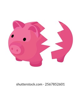 Broken piggy bank. Vector simple color flat illustration.