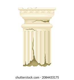 Broken pillar, ancient ruined column architectural element vector illustration