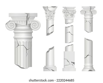 Broken pillars. Authentic columns classical damaged realistic decor pillars decent vector templates set